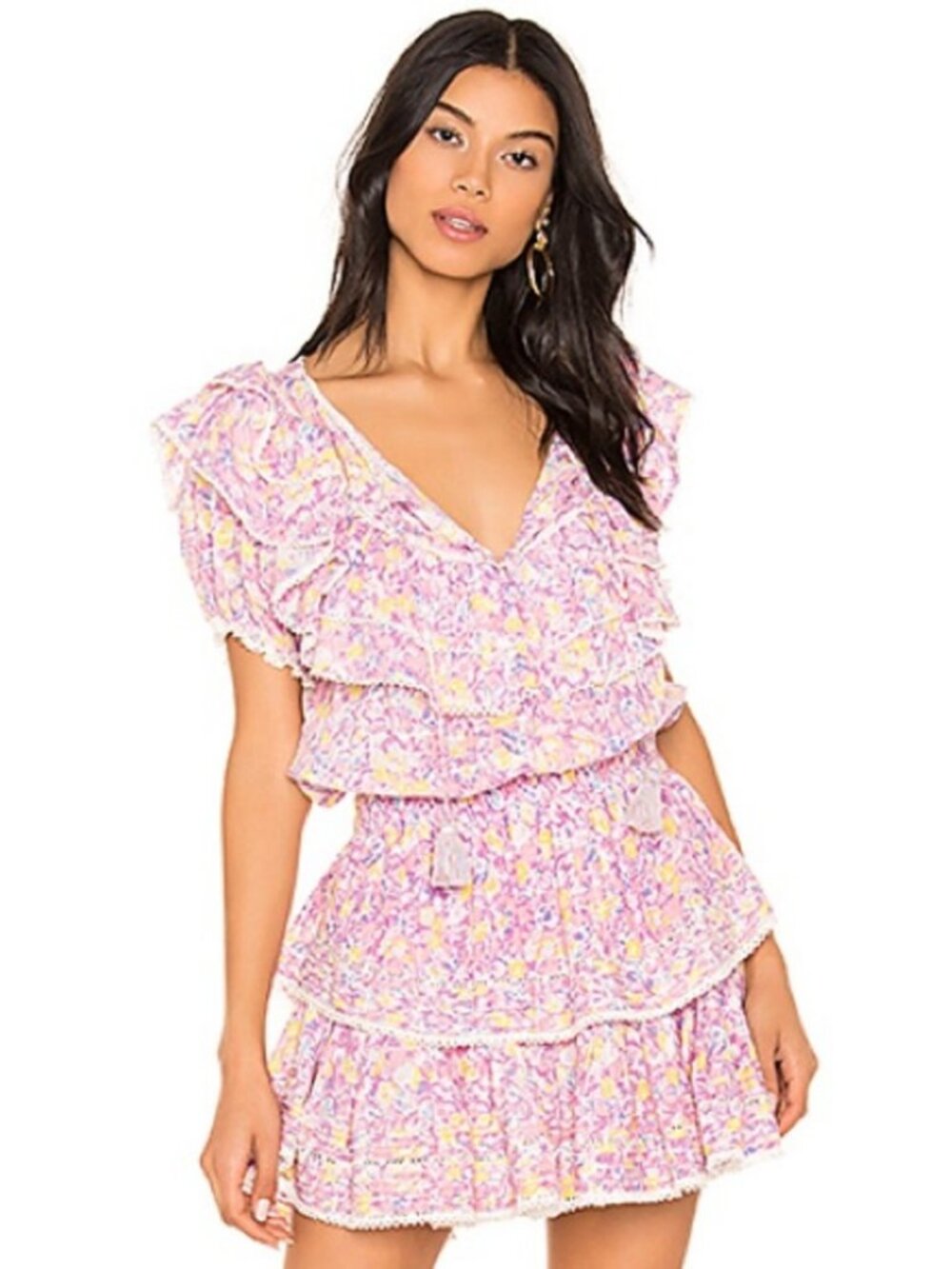 Womens LoveShackFancy Liv Lilac Pink (Item-13) Tiered Floral Midi Dress XS